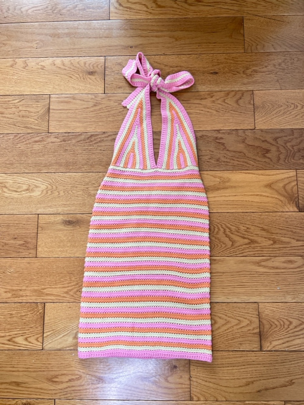 Crochet Halter Backless Dress in Pink & Peach